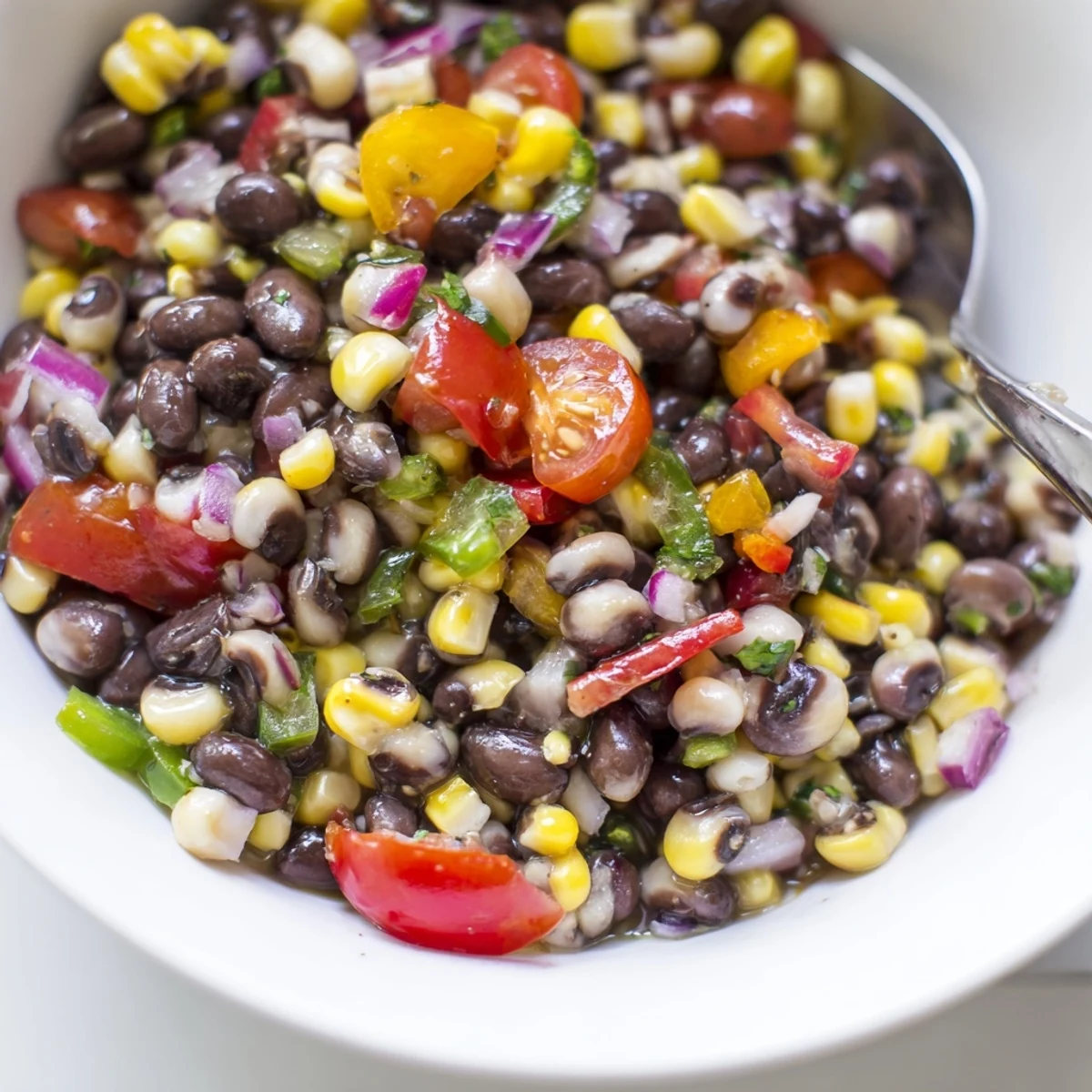 Zesty Cowgirl Caviar Recipe in a bowl, colorful beans and cilantro