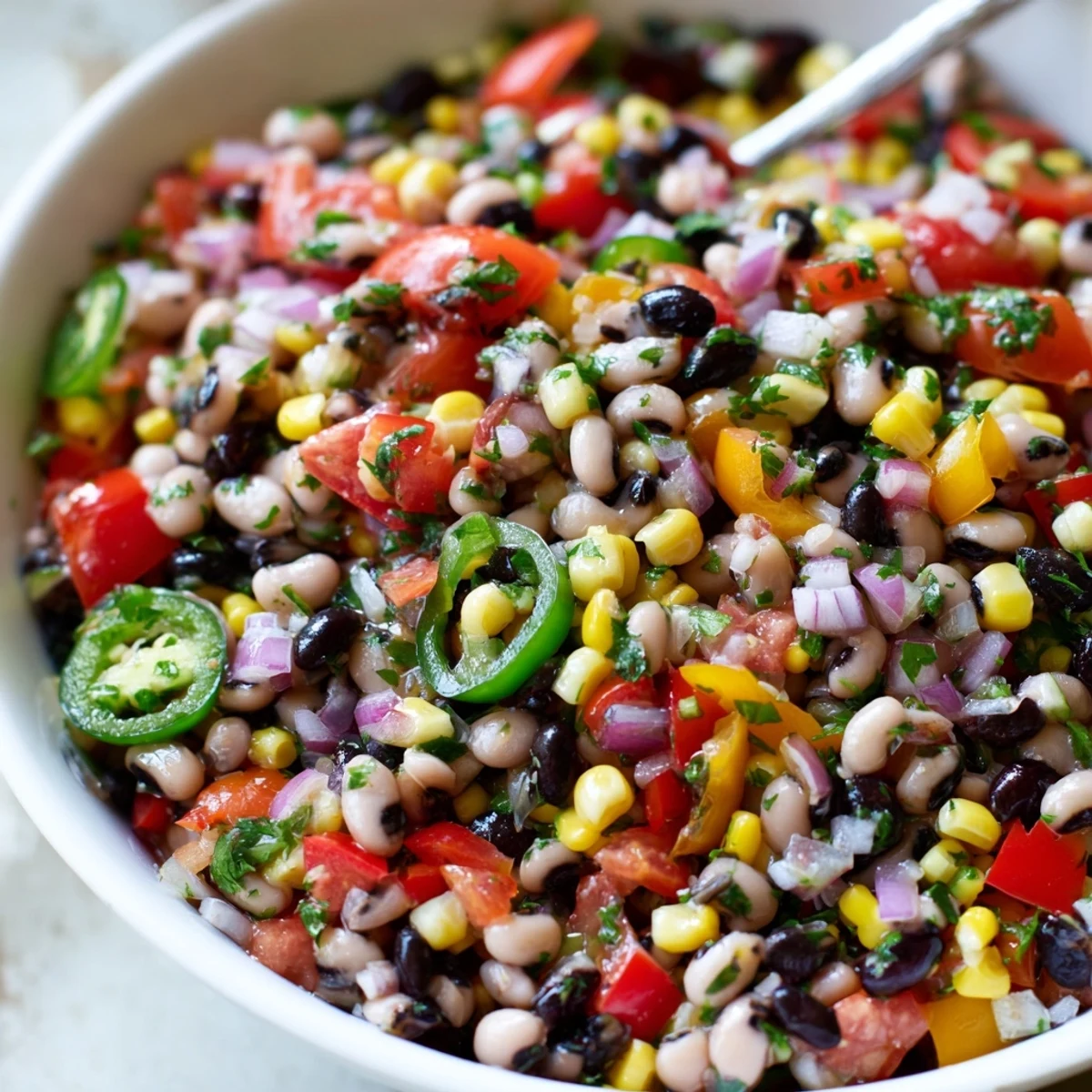 Bowl of Cowgirl Caviar Recipe showing bright peppers, corn, and black beans