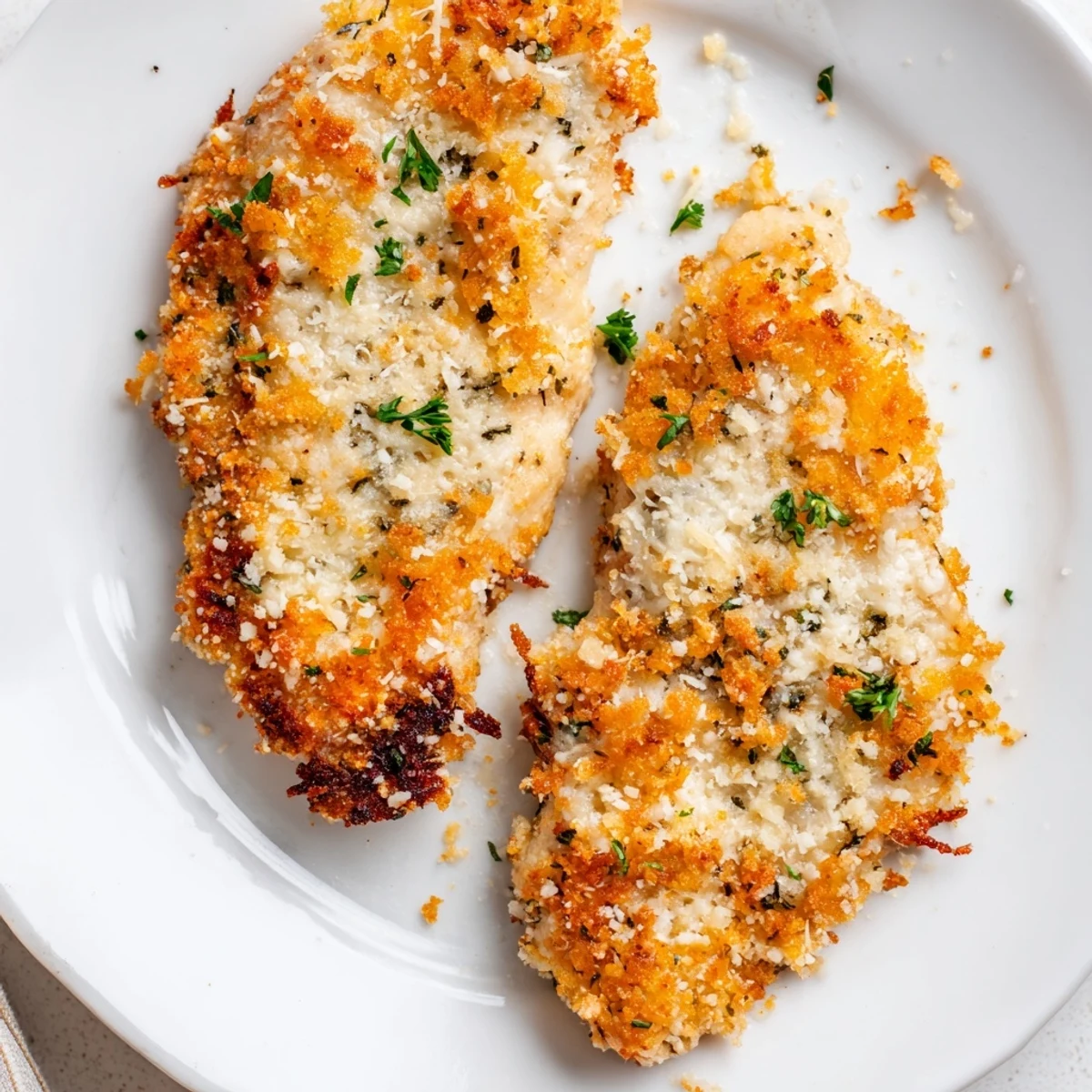 Slices of Garlic Parmesan Chicken Bake resting on platter, rich garlicky aroma