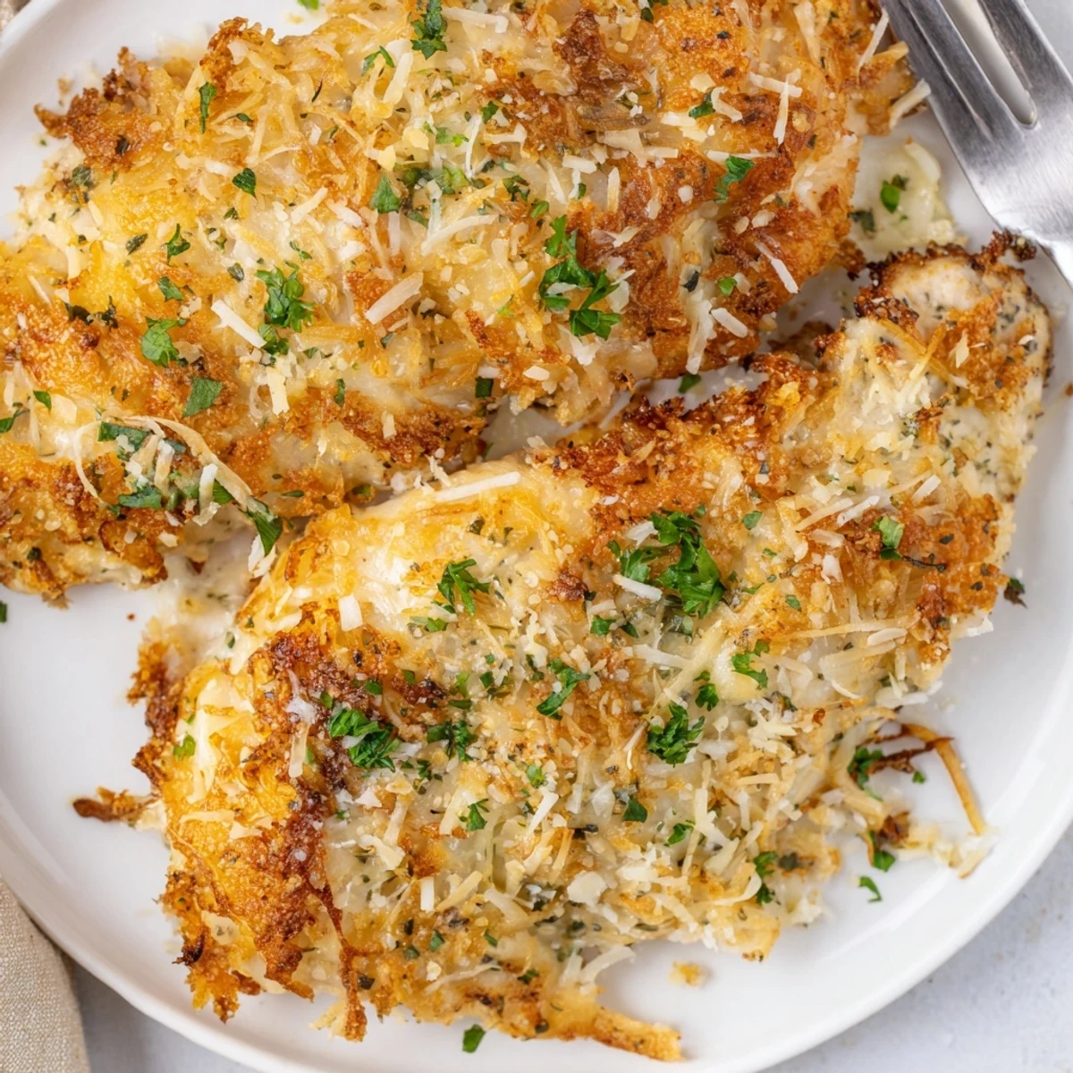 Garlic Parmesan Chicken Bake with golden breadcrumb crust, steaming and herb-garnished