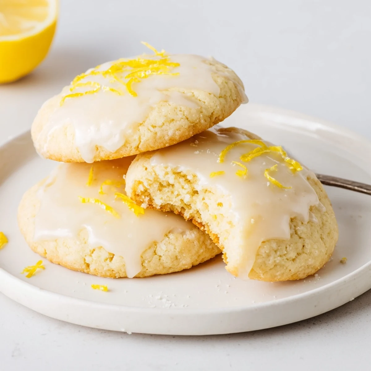 Plate of Lemon Cookies With Lemon Glaze, shiny drizzle, bright citrus tang