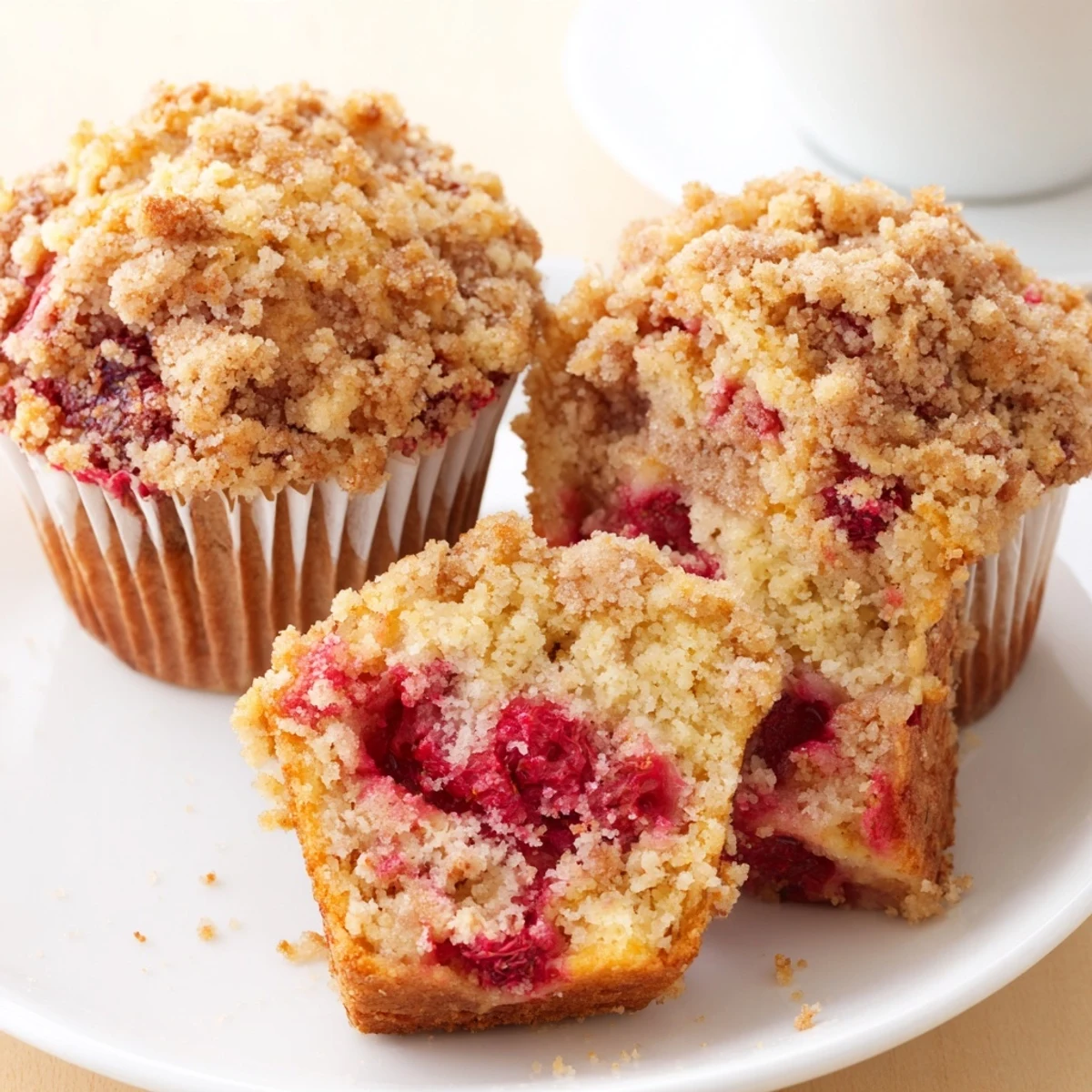 Raspberry Streusel Muffins arranged on a wire rack, golden tops glistening  