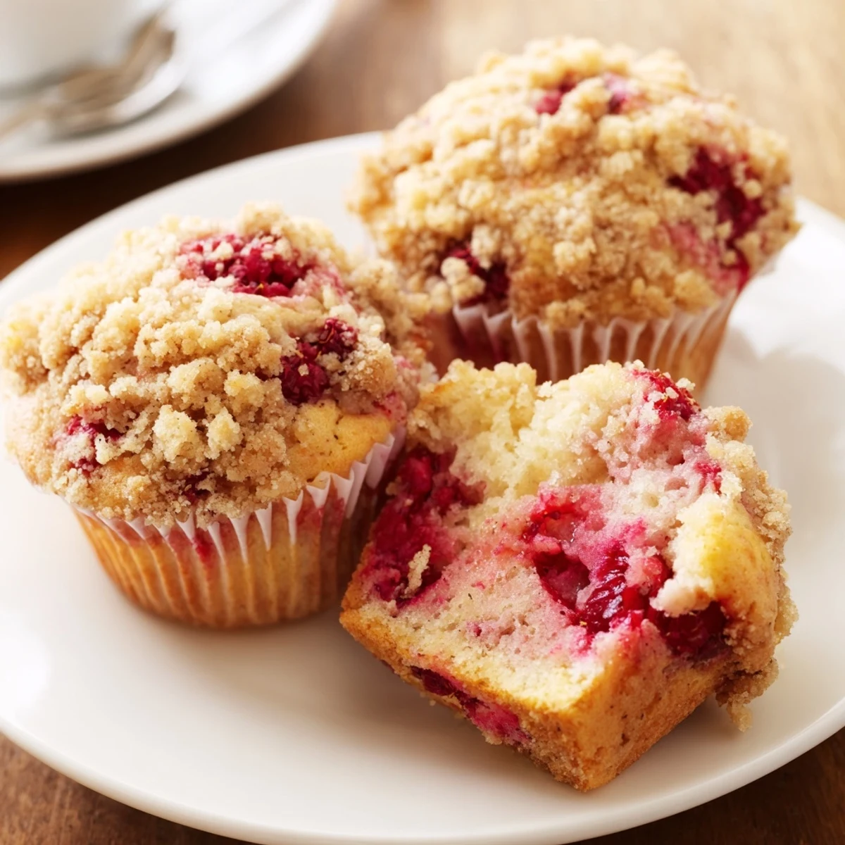 Warm Raspberry Streusel Muffins topped with crunchy buttery crumbs, perfect with coffee  