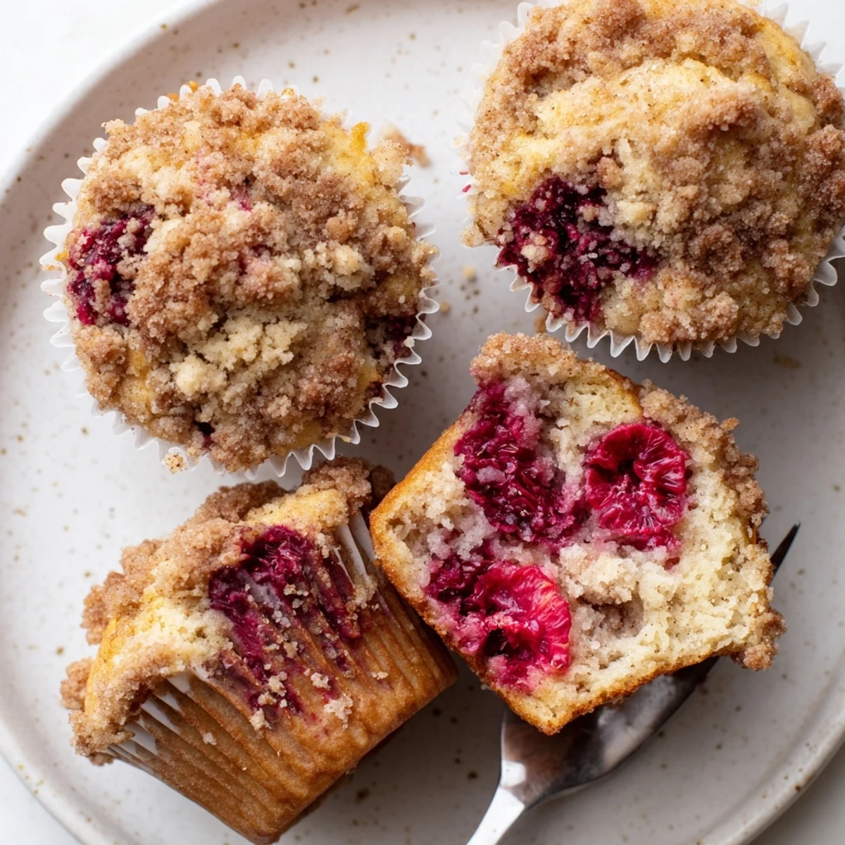 Freshly baked Raspberry Streusel Muffins cooling in tin, berries bursting inside