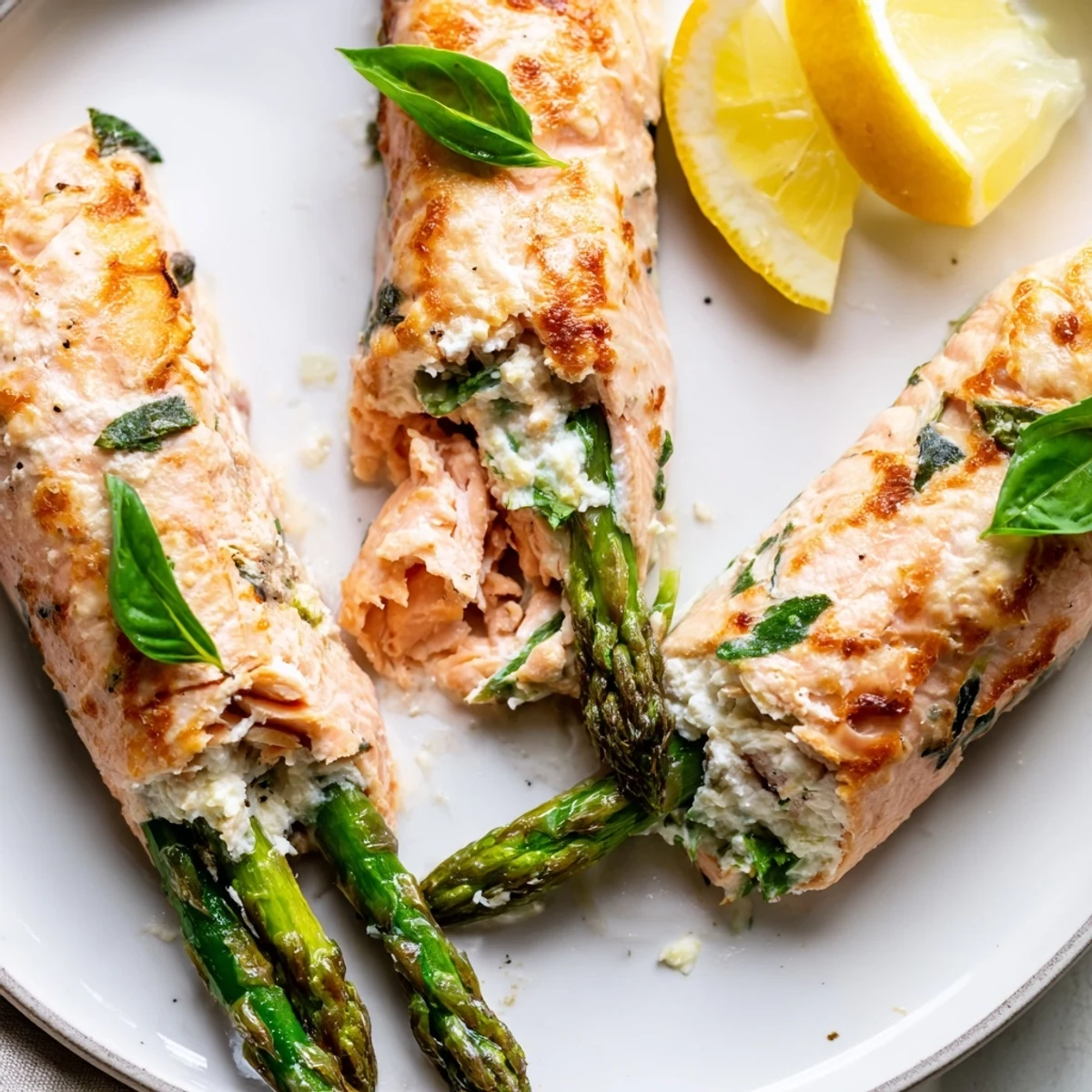 Oven-roasted Asparagus Lemon Basil Ricotta Stuffed Salmon Rolls served with bright lemon