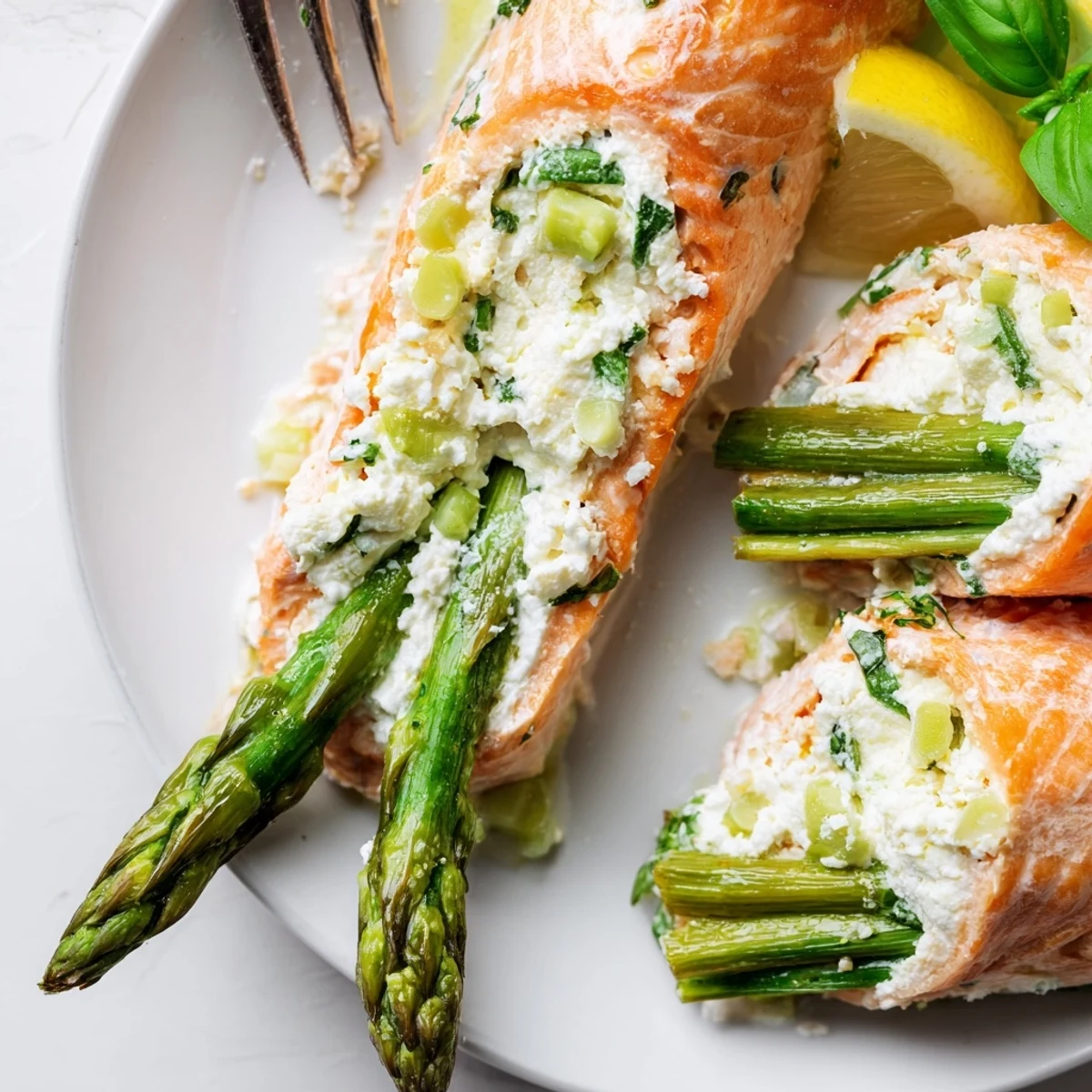 Asparagus Lemon Basil Ricotta Stuffed Salmon Rolls, baked golden, lemon wedges nearby