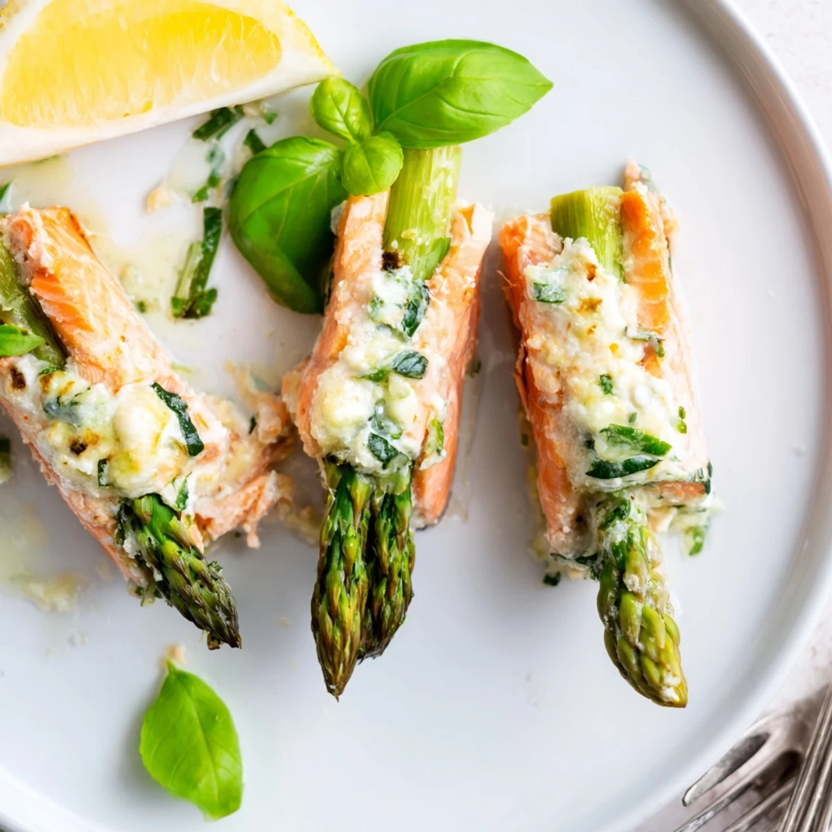 Asparagus Lemon Basil Ricotta Stuffed Salmon Rolls plated with flaky fish, basil garnish