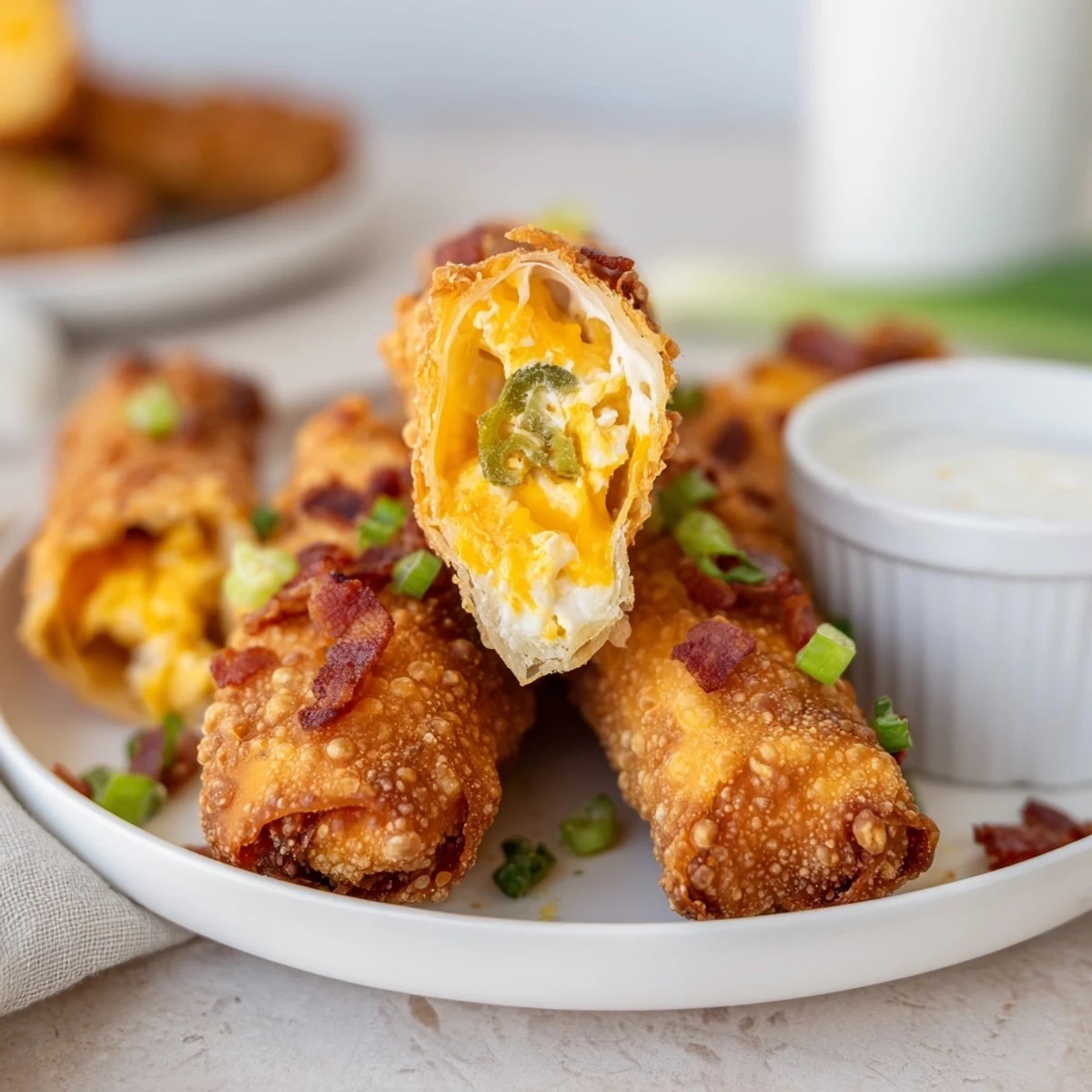 Stack of Crispy Jalapeno Popper Egg Rolls revealing creamy, spicy filling