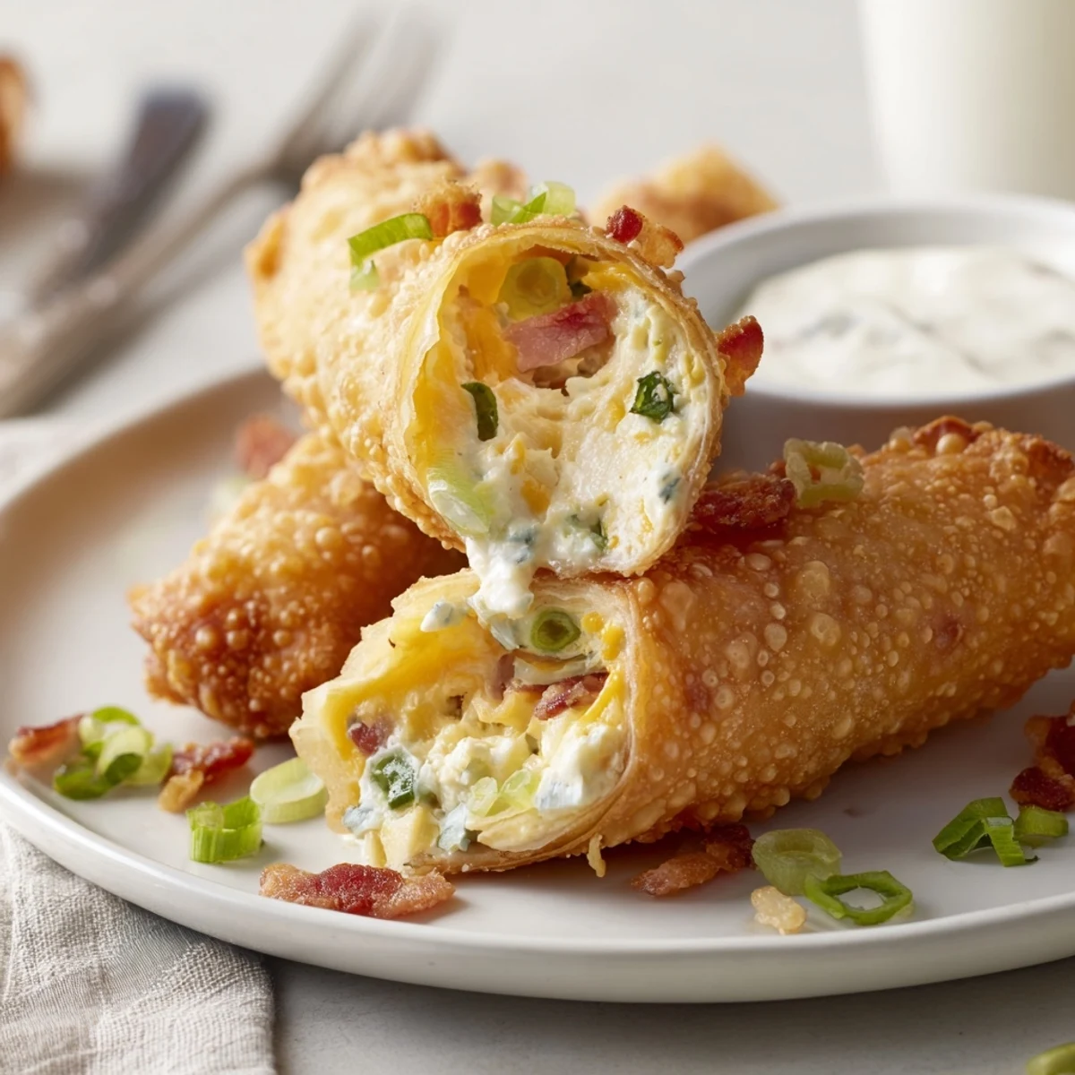 Golden Crispy Jalapeno Popper Egg Rolls steaming on plate with ranch