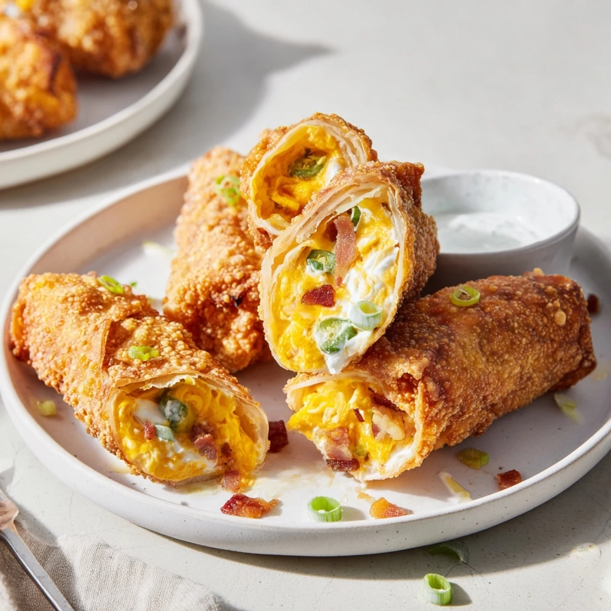 Crispy Jalapeno Popper Egg Rolls beside lime wedge and creamy chipotle dip