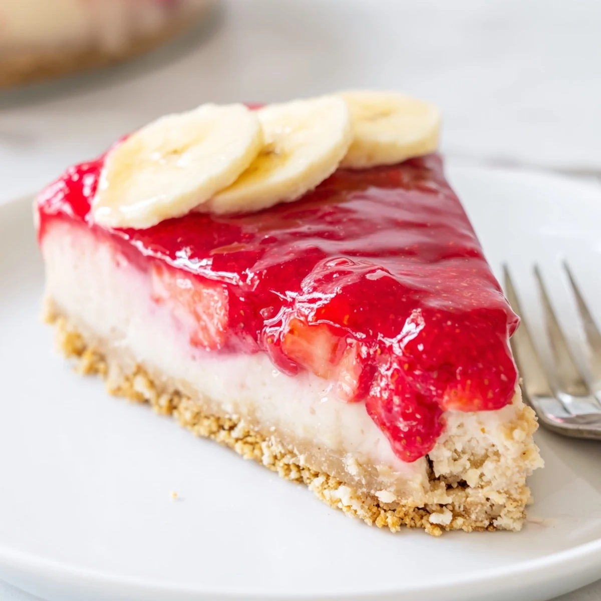 Silky Banana Strawberry Cheesecake on a plate, glossy strawberry jam topping.