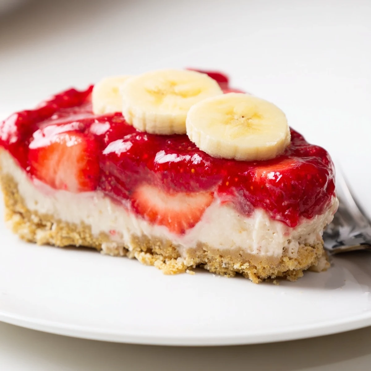 Chilled slice of Banana Strawberry Cheesecake with ripe bananas and jam.