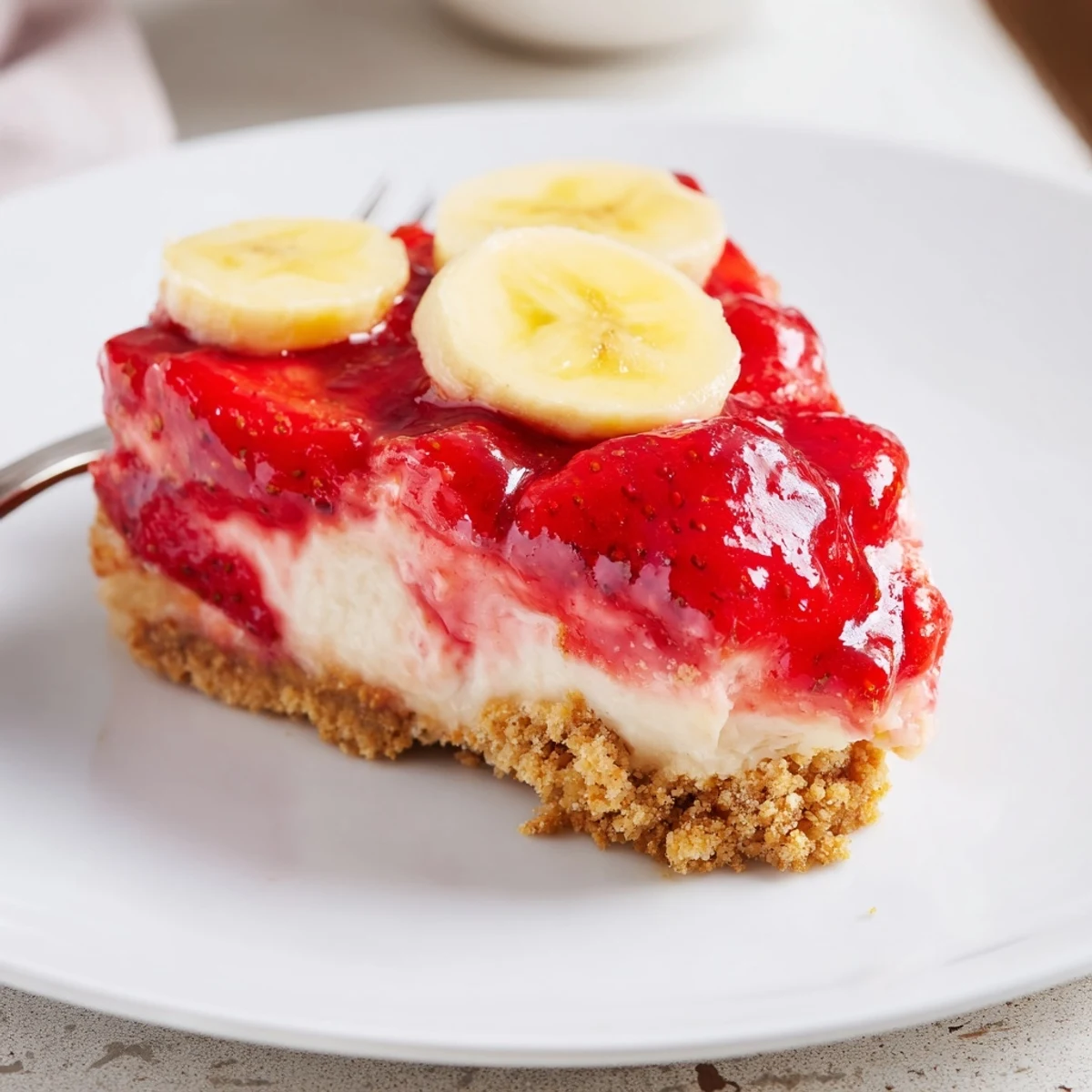Buttery graham crust Banana Strawberry Cheesecake, creamy center and bright berry glaze.