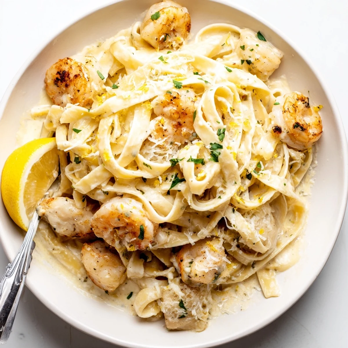 Creamy Lemon Garlic Shrimp Chicken Alfredo with golden shrimp, lemon zest, creamy sauce  
