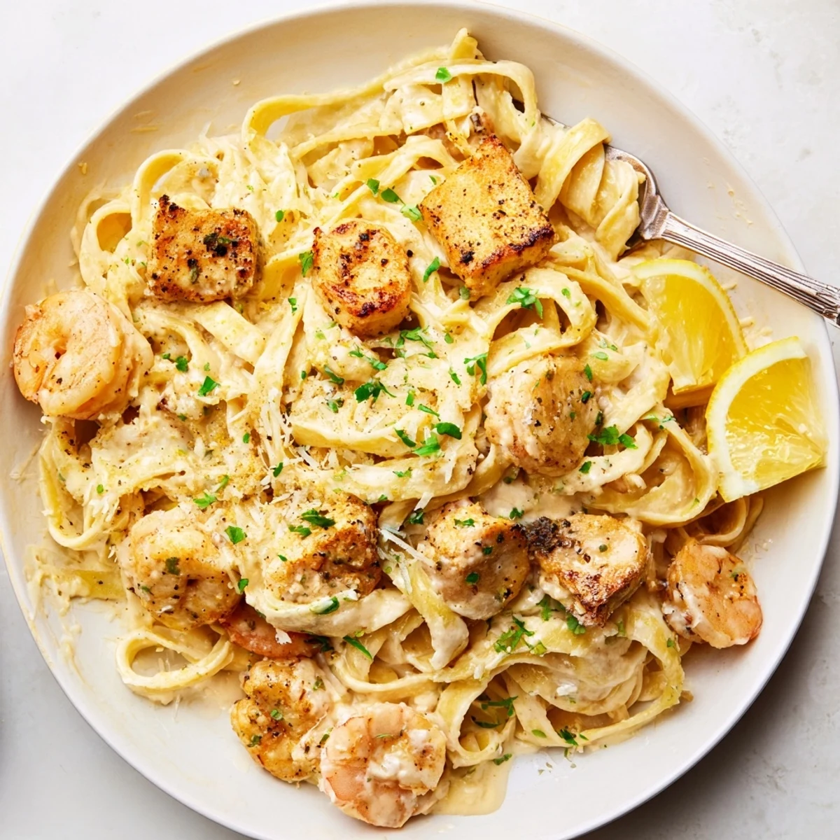Sliced chicken and pasta in Creamy Lemon Garlic Shrimp Chicken Alfredo, garnished parsley  