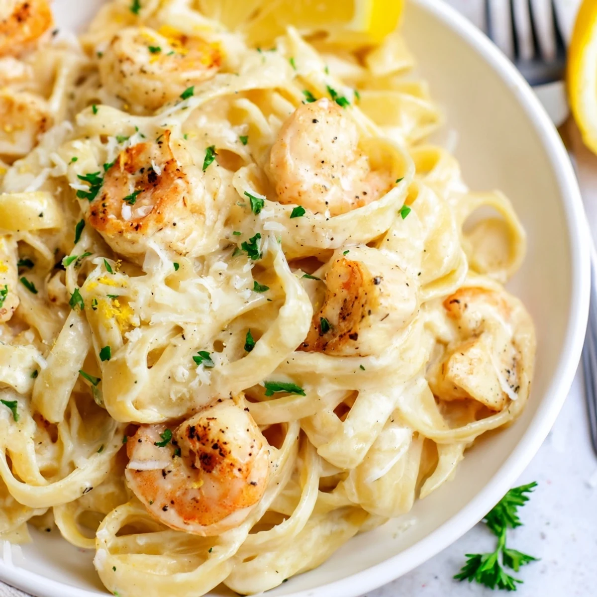 Creamy Lemon Garlic Shrimp Chicken Alfredo served with lemon wedges and grated Parmesan