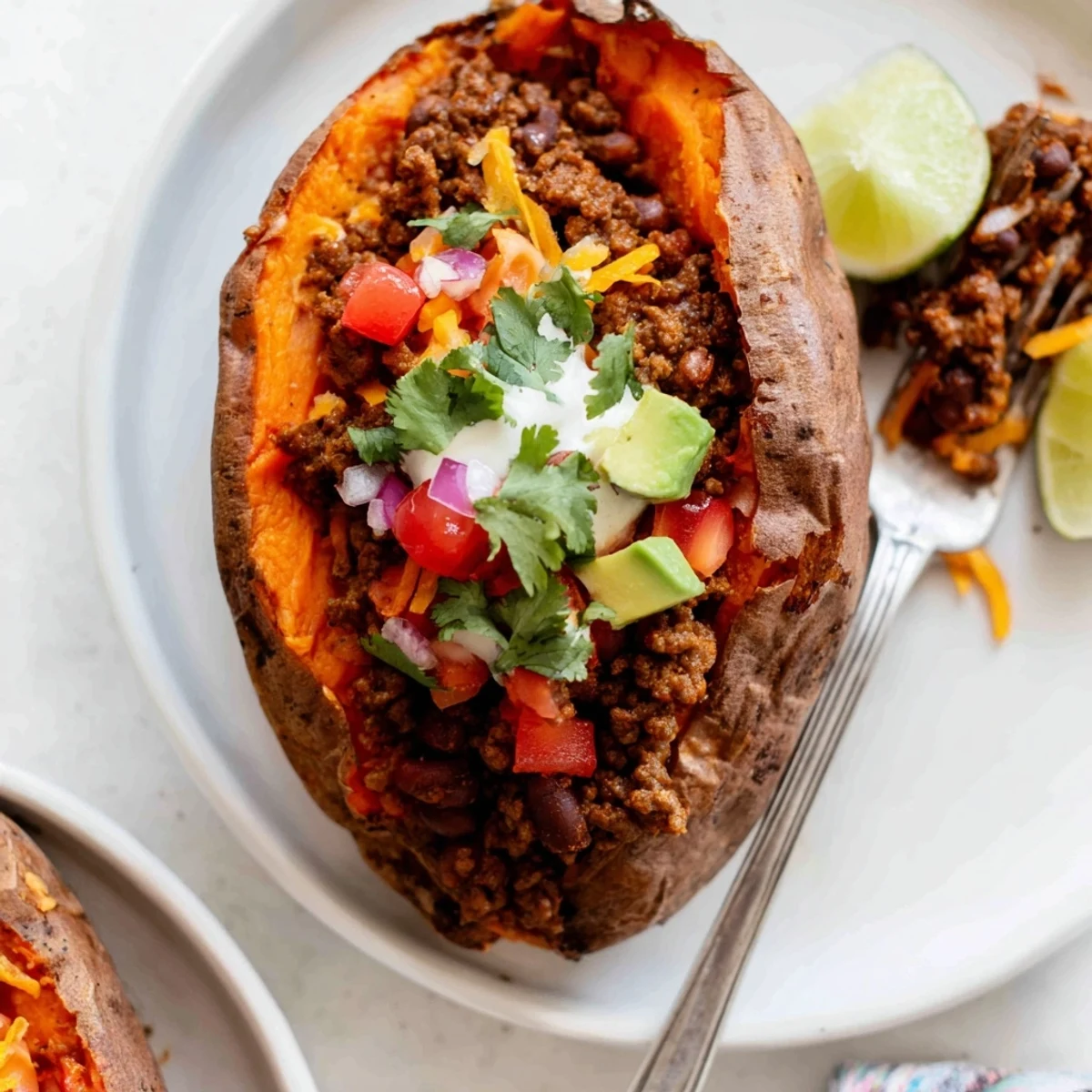 Roasted Taco Stuffed Sweet Potatoes split open, steaming, filled with seasoned beef