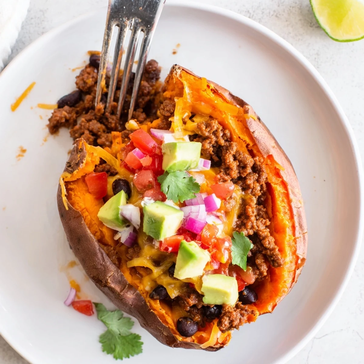 Taco Stuffed Sweet Potatoes topped with melted cheddar, avocado, cilantro, lime