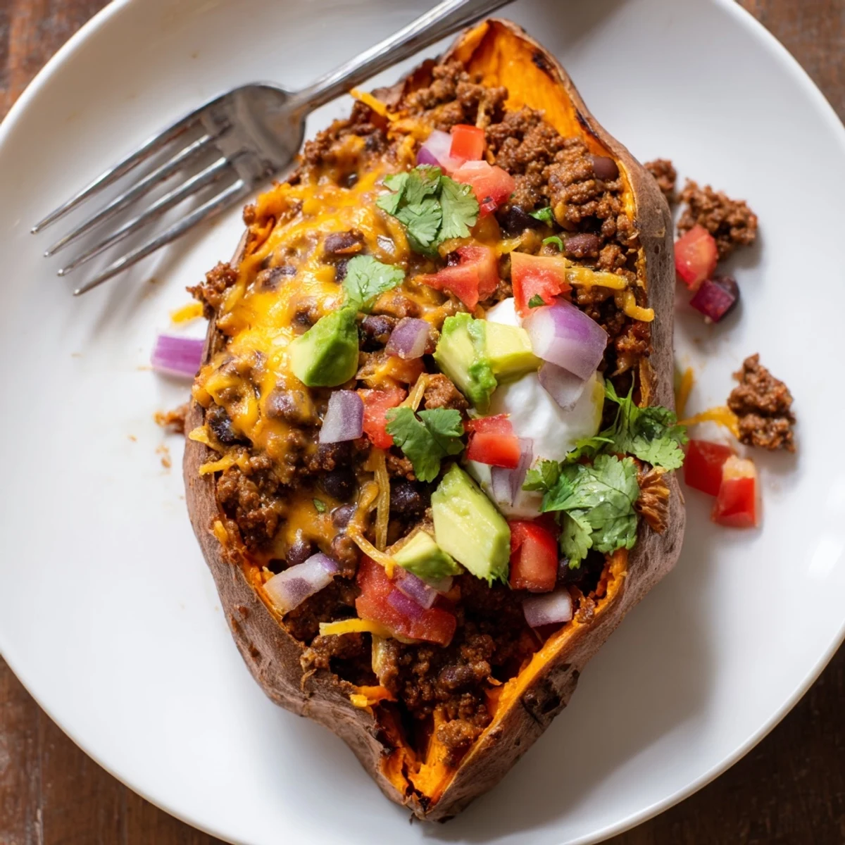 Weeknight Taco Stuffed Sweet Potatoes served with lime wedges and crisp red onion