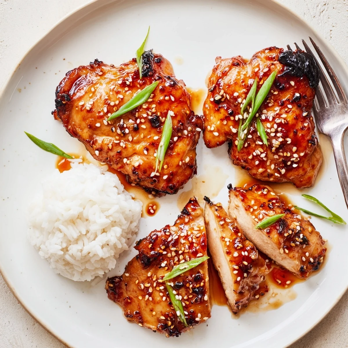 Crispy skinned Spicy Maple Soy Chicken topped with sesame seeds and green onions