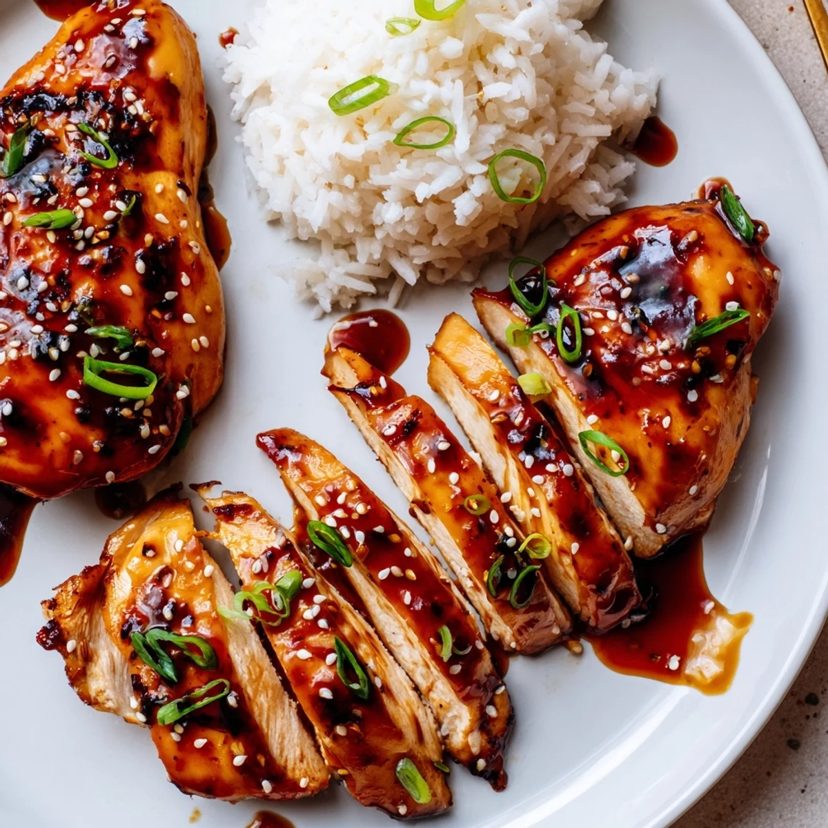 Spicy Maple Soy Chicken glazed and caramelized, steaming over a bed of rice