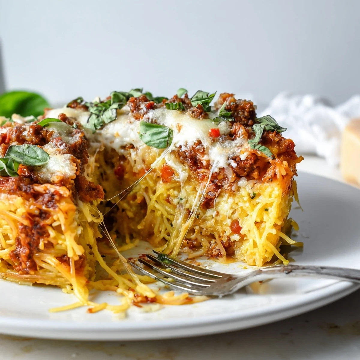 Spicy Spaghetti Pie with bubbling golden cheese and fragrant basil garnish  