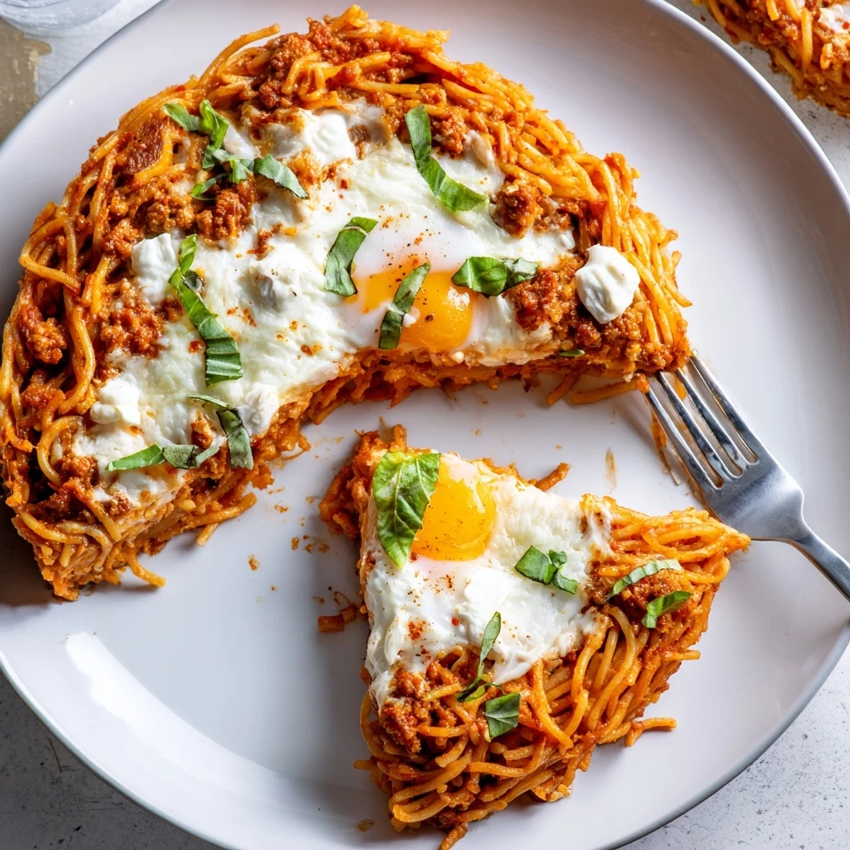 A steaming slice of Spicy Spaghetti Pie topped with melted mozzarella  