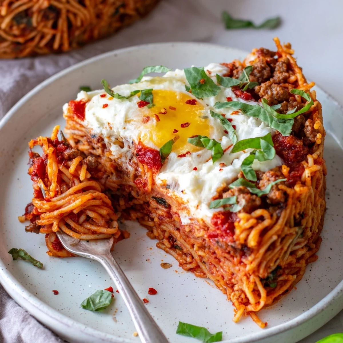 Spicy Spaghetti Pie served warm with crisp salad, aromatic sausage filling