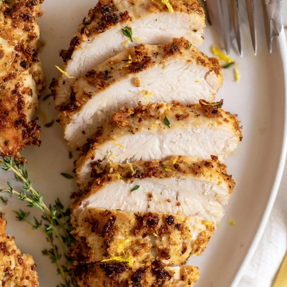 Weeknight Air Fryer Chicken Recipe served sliced with lemon-zested roasted vegetables