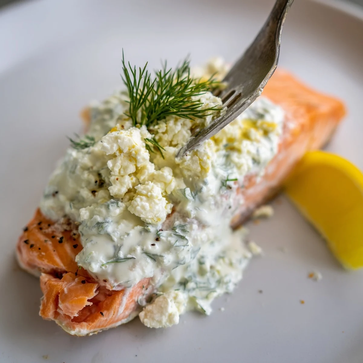 Oven-baked Salmon With Feta Dill Sauce, flaky fillet topped with creamy feta.