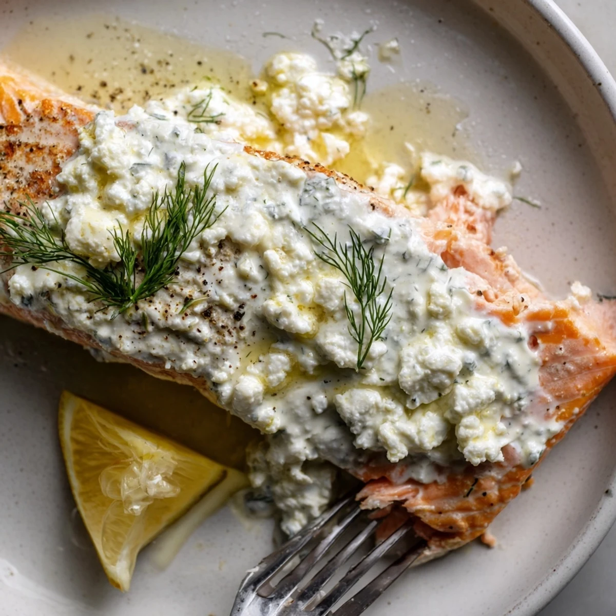 Flaky fillet drizzled with bright lemon and herbs, Salmon With Feta Dill Sauce.