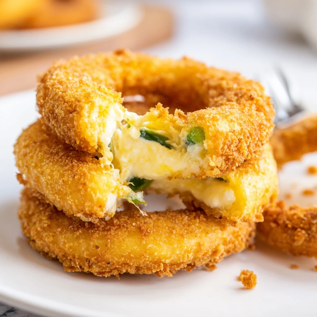 Close-up of Crispy Jalapeño Popper Onion Rings with creamy cheese filling