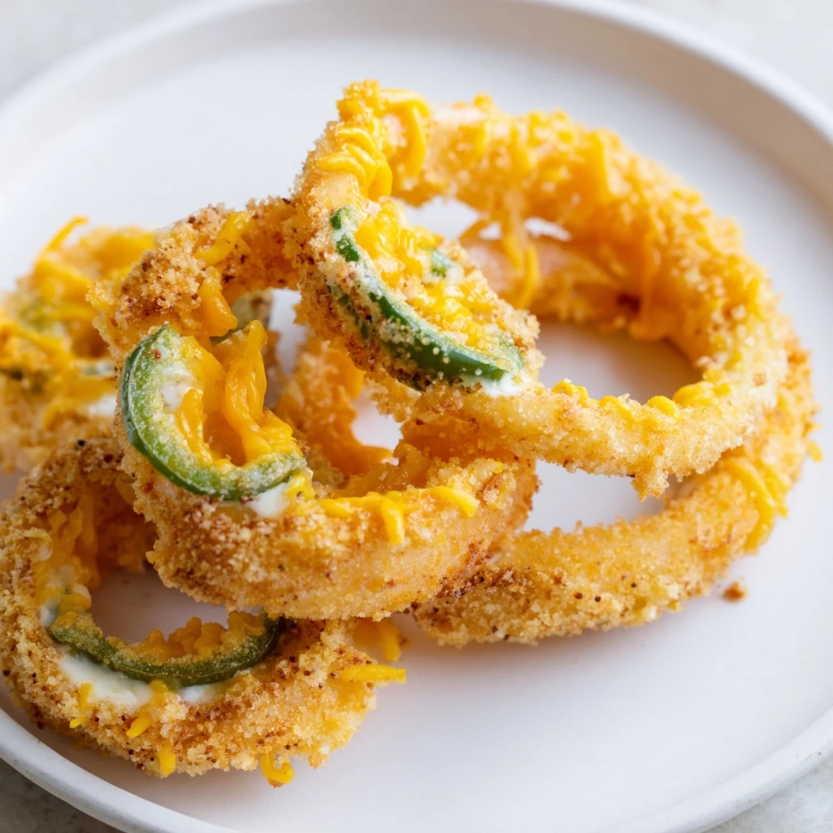 Crispy Jalapeño Popper Onion Rings piled on plate, golden and steaming