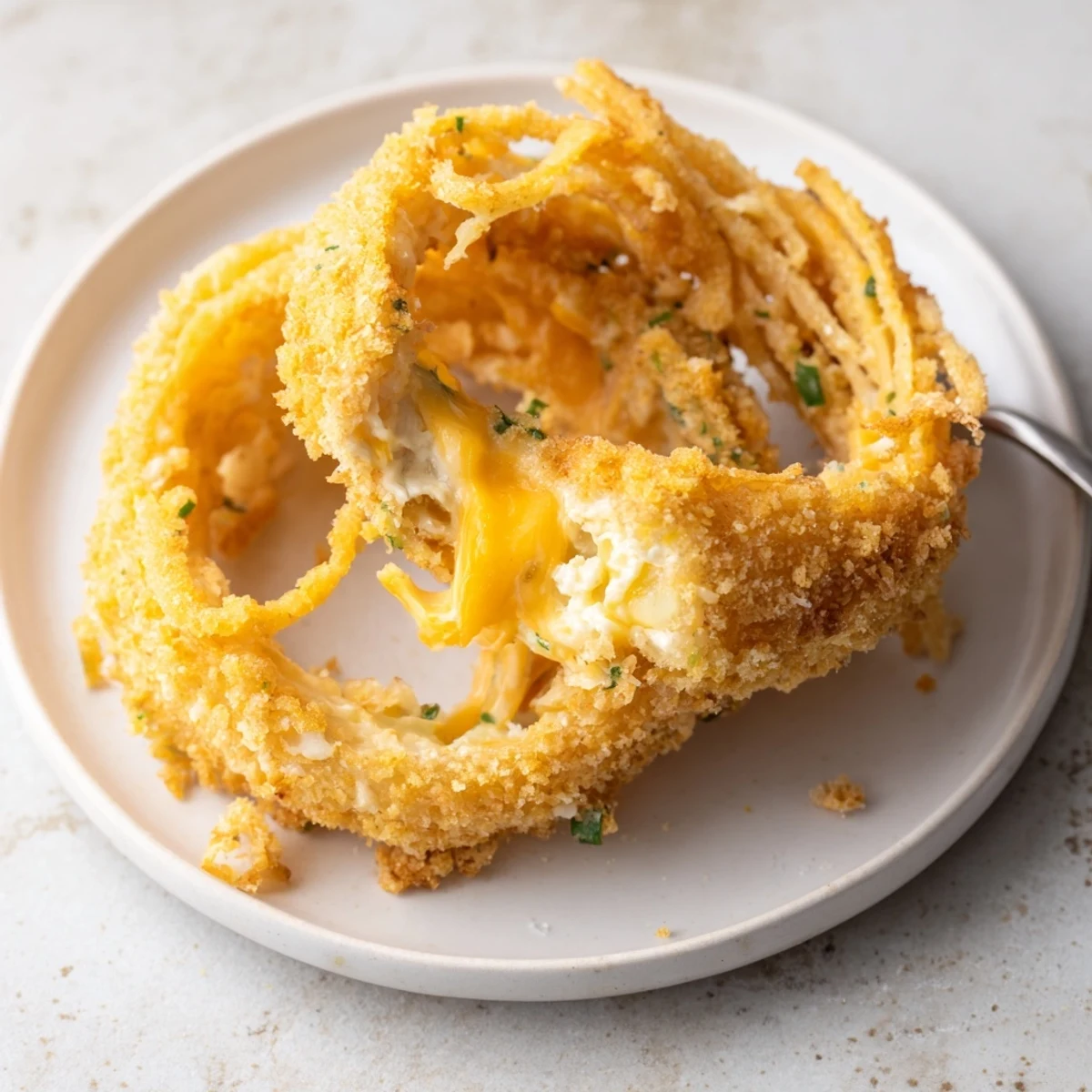 Hand holding Crispy Jalapeño Popper Onion Rings served with chipotle mayo dip