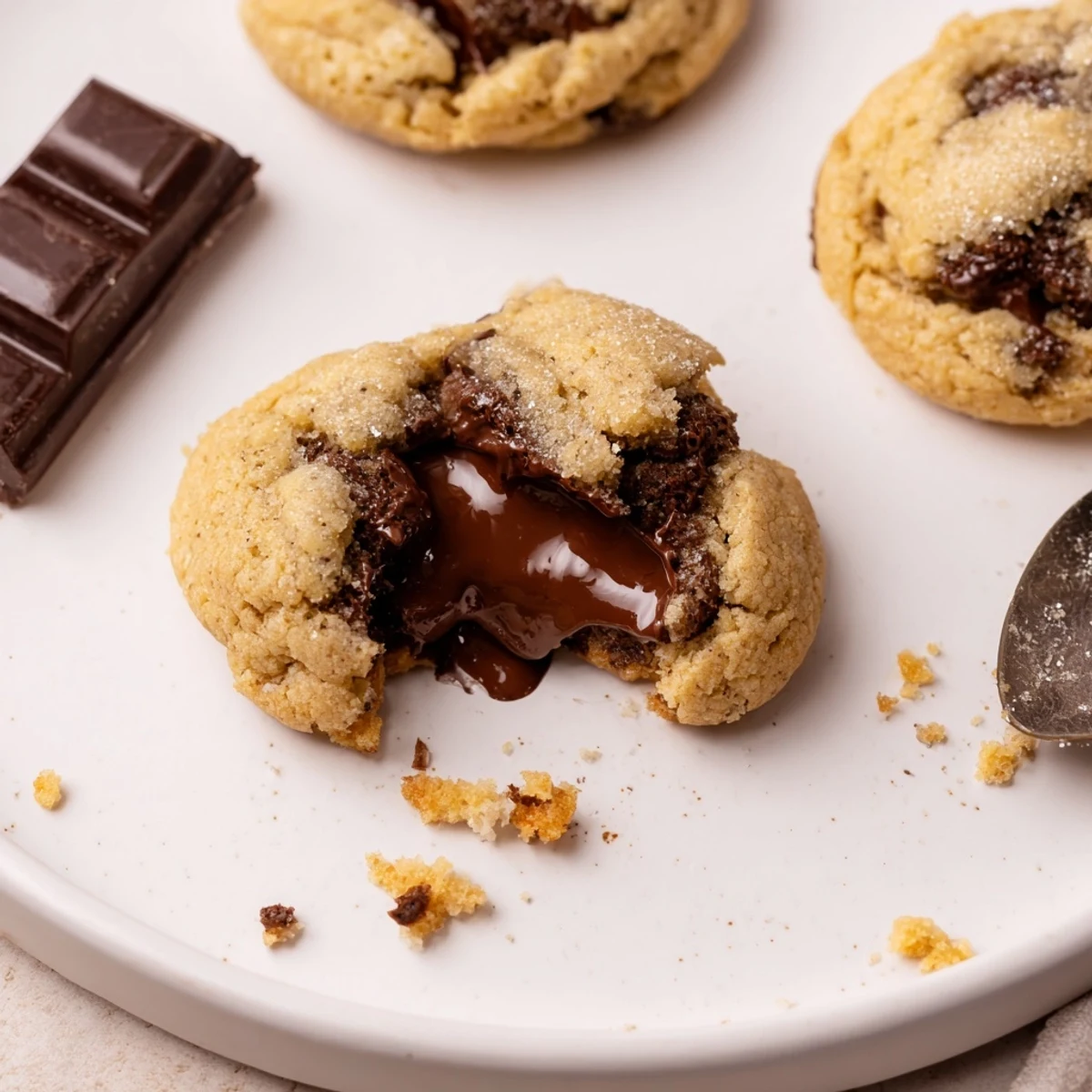 Chocolate Filled Cookies with glossy gooey centers cooling on parchment-lined baking sheet