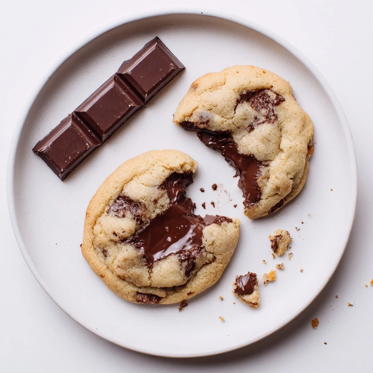 Warm Chocolate Filled Cookies split to reveal melty center, served on wooden board