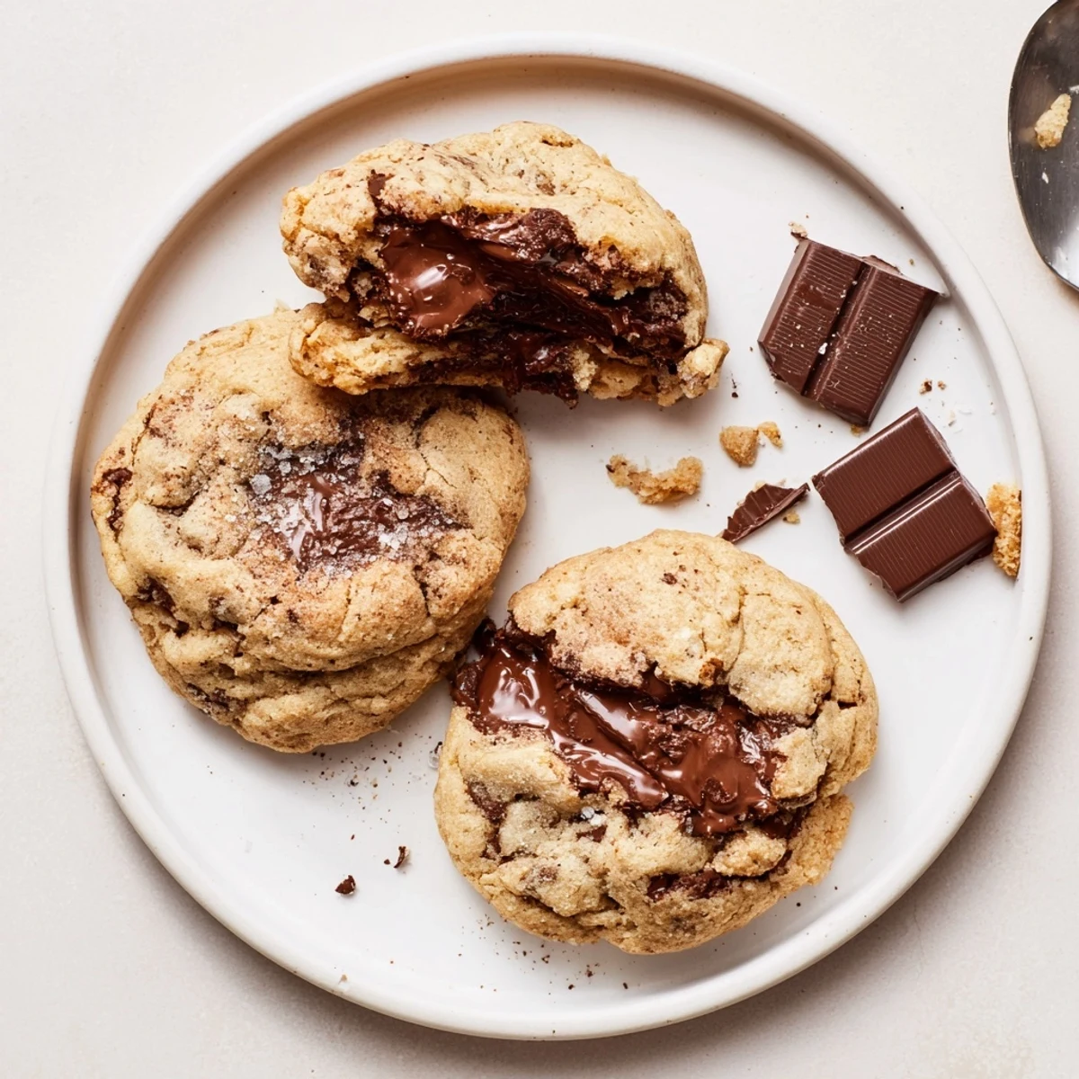 Stack of Chocolate Filled Cookies showing soft crumb and shiny chocolate oozing