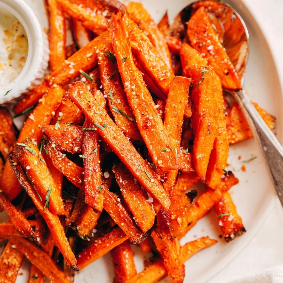 Crispy Carrot Fries With Feta Dip Spicy Honey Drizzle, golden, oven-baked and ready.