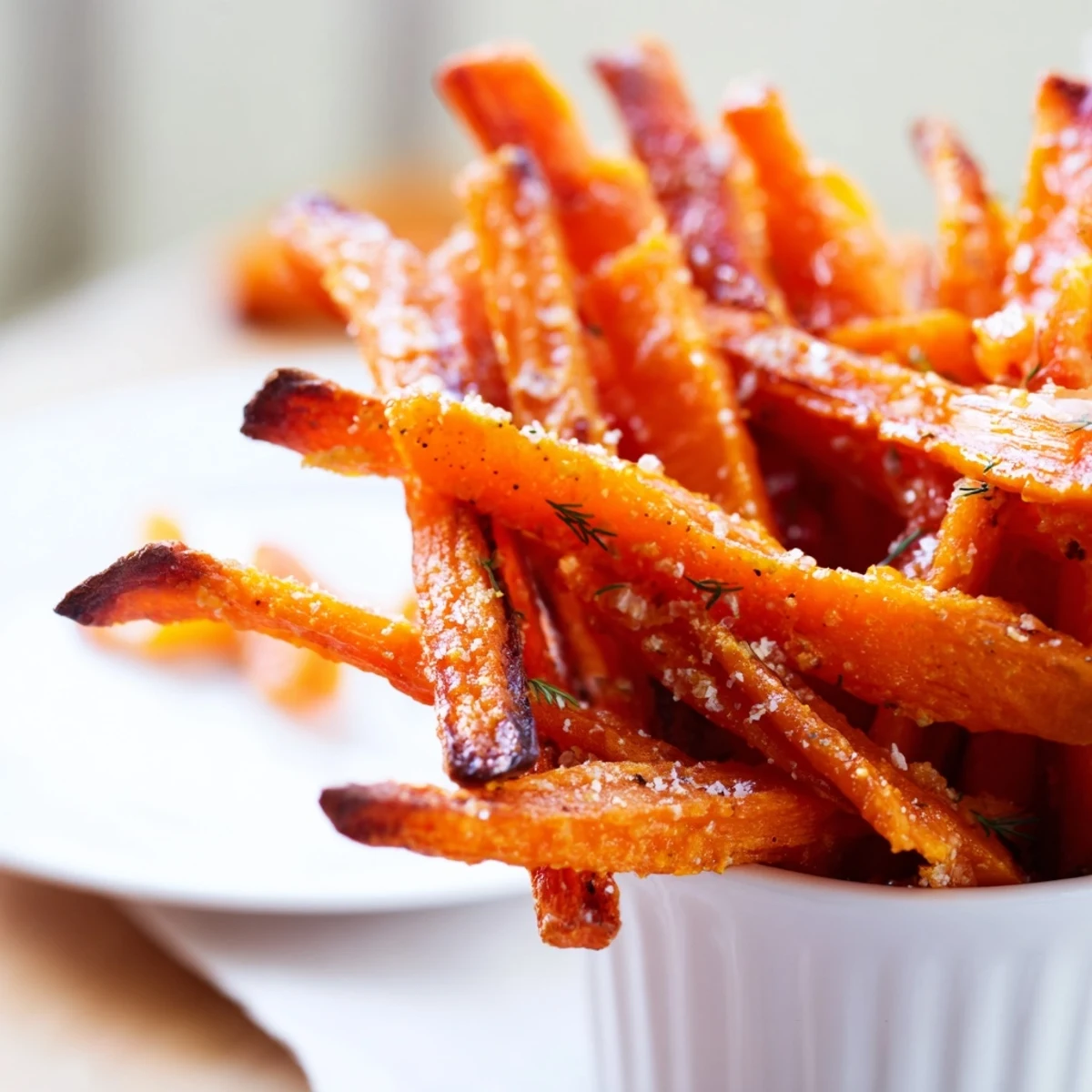 A platter of Crispy Carrot Fries With Feta Dip Spicy Honey Drizzle, honey-glazed edges.