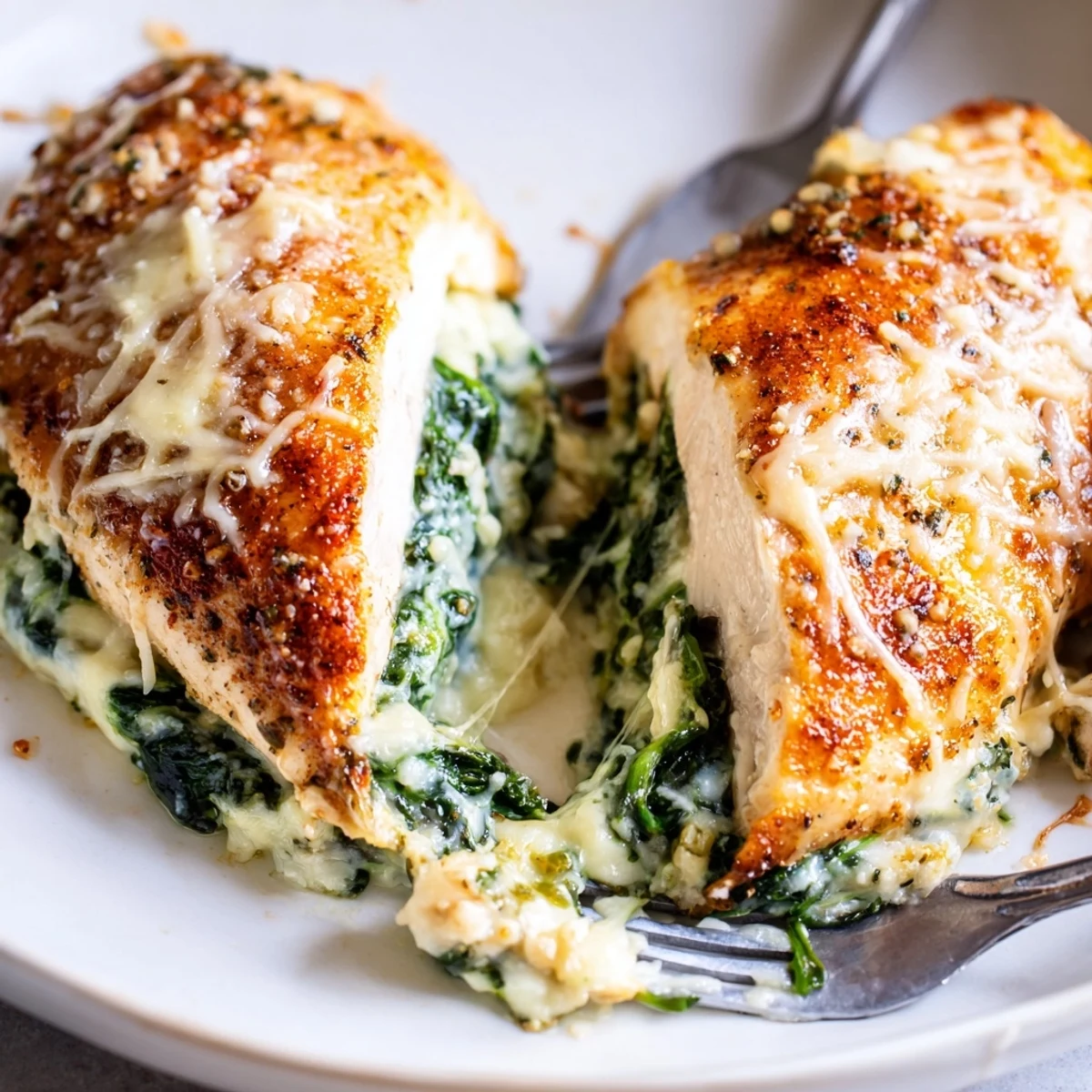 Spinach Ricotta Chicken: golden-baked breasts oozing melted mozzarella, served with salad.
