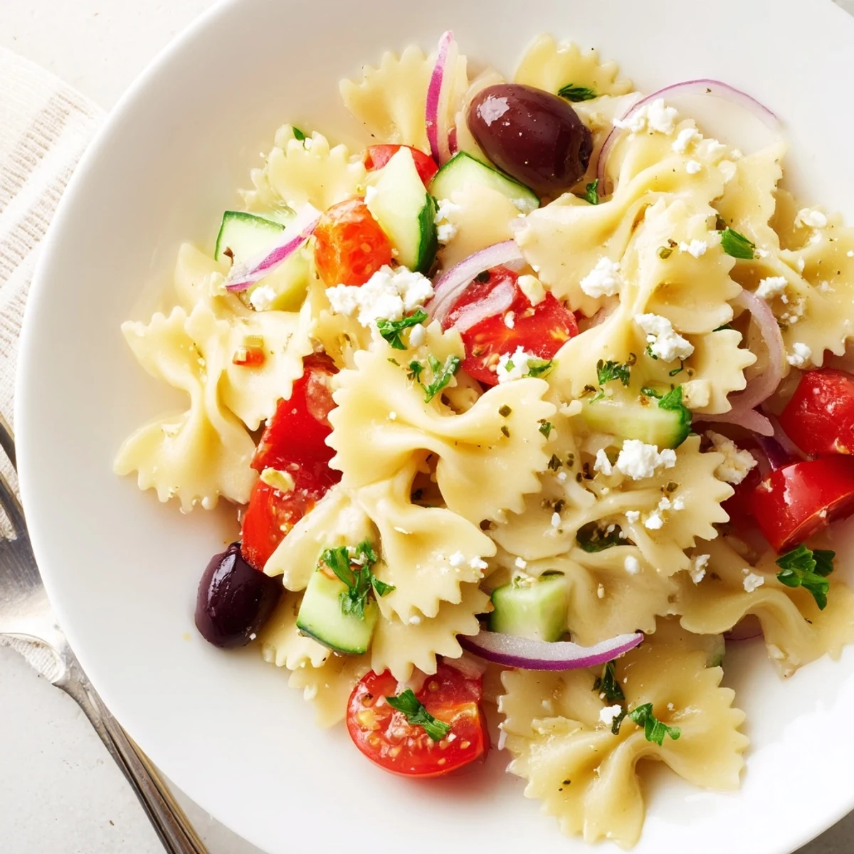 Bow Tie Pasta Salad glistening with zesty dressing, cherry tomatoes and feta