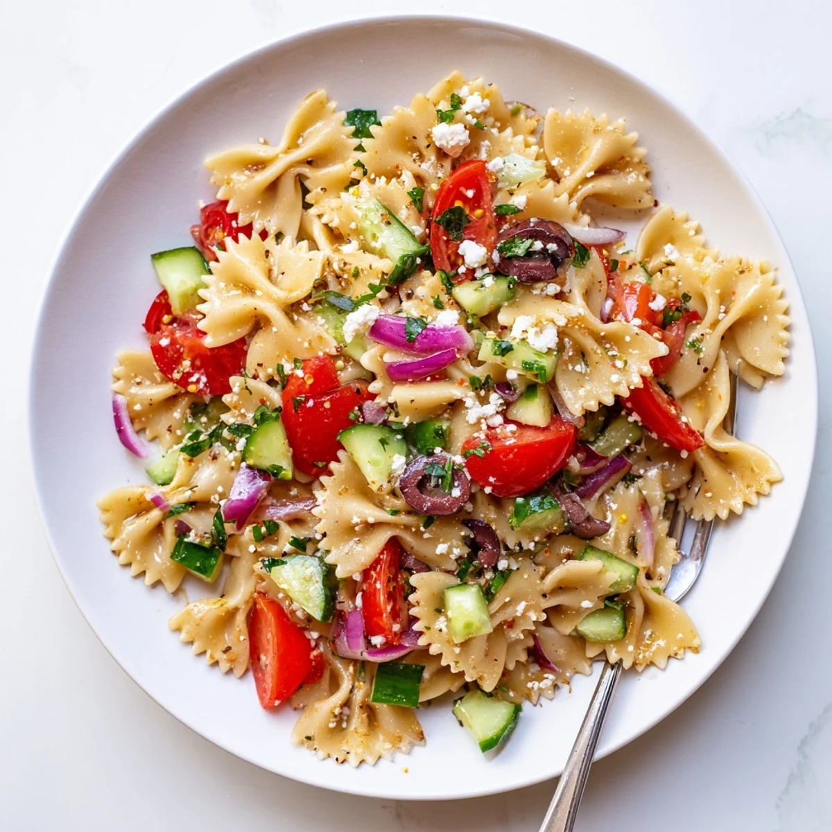 Chilled Bow Tie Pasta Salad tossed with crisp cucumber, bell pepper, and olives