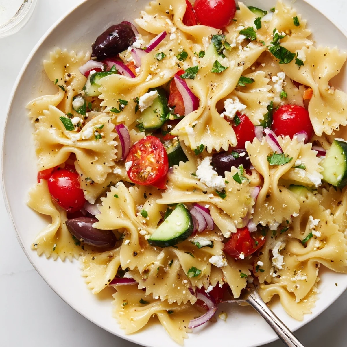 Savory Bow Tie Pasta Salad served cold in picnic bowl, aromatic parsley garnish