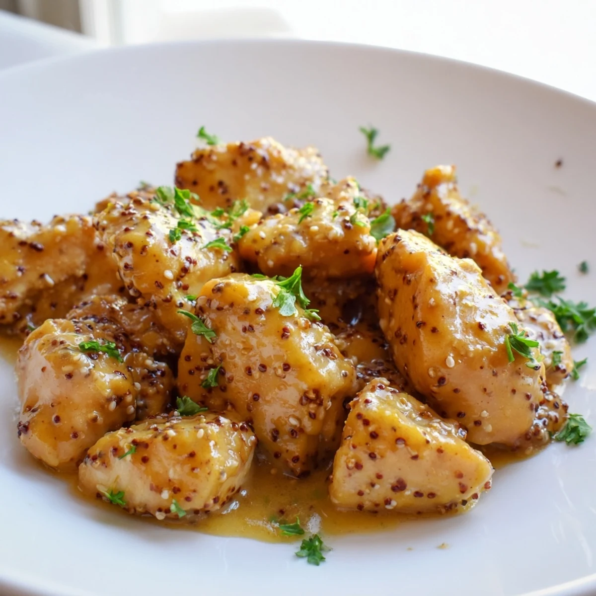 Golden baked honey mustard chicken breasts glazed with sweet tangy sauce and fresh parsley garnish