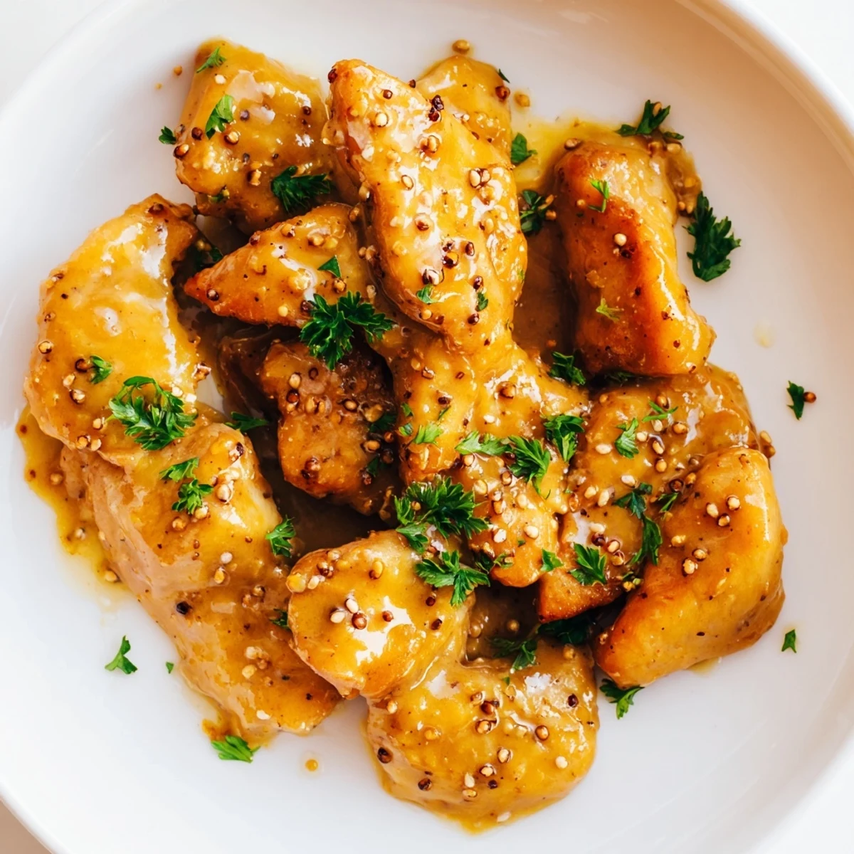 Juicy oven baked honey mustard chicken sizzling in a white baking dish with caramelized edges