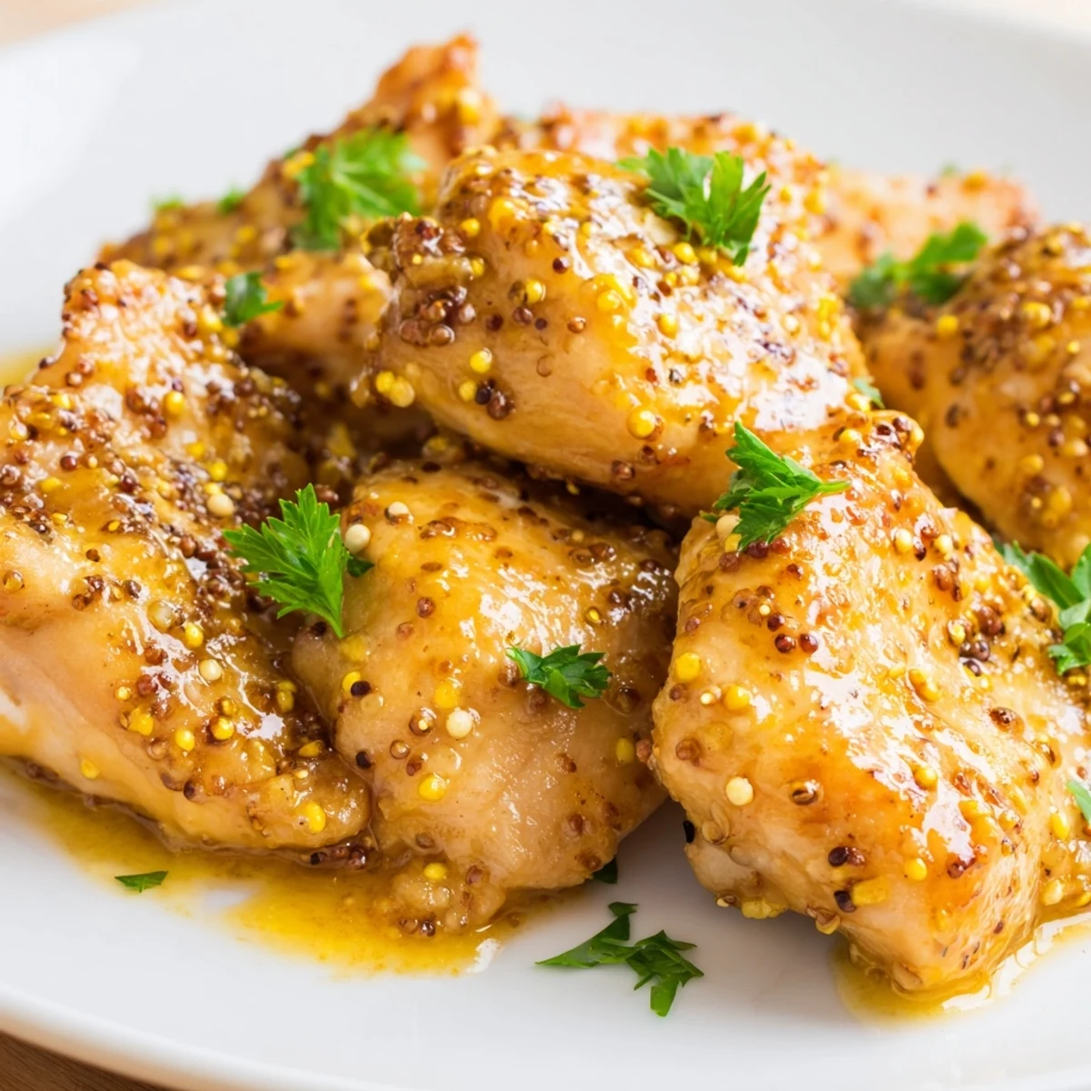 Close up of honey mustard chicken showing crispy golden skin and brushed with savory glaze