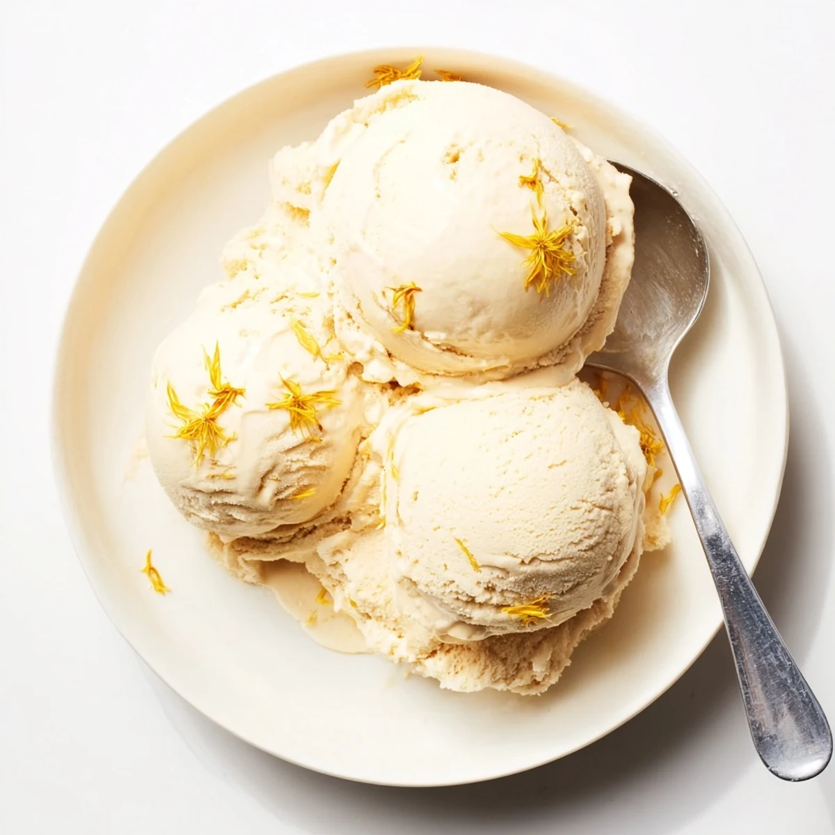 Creamy floral honey ice cream garnished with edible dandelion flowers on a rustic wooden table