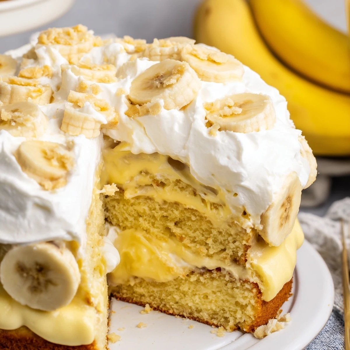 Golden banana pudding cake layers stacked with creamy vanilla pudding and fresh sliced bananas on top