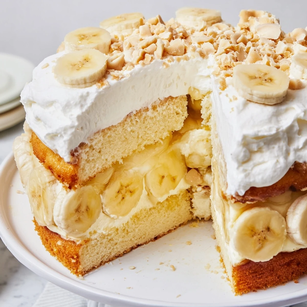 Moist Southern banana pudding cake topped with fluffy whipped cream and crunchy crushed vanilla wafers