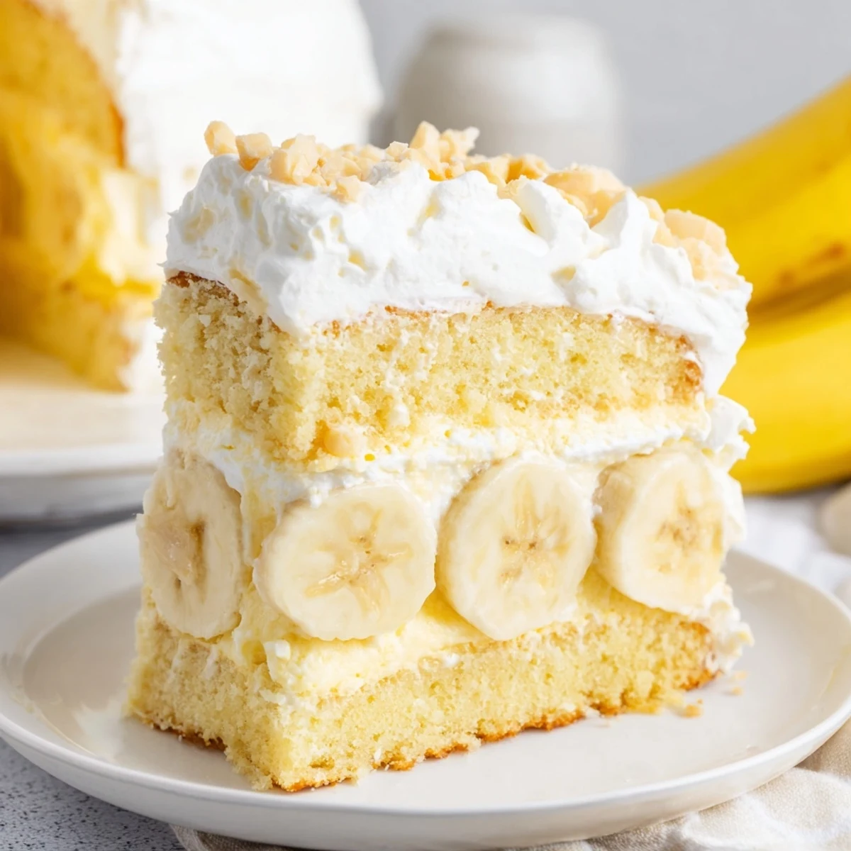Slice of banana pudding cake revealing tender yellow cake layers with luscious cream filling inside